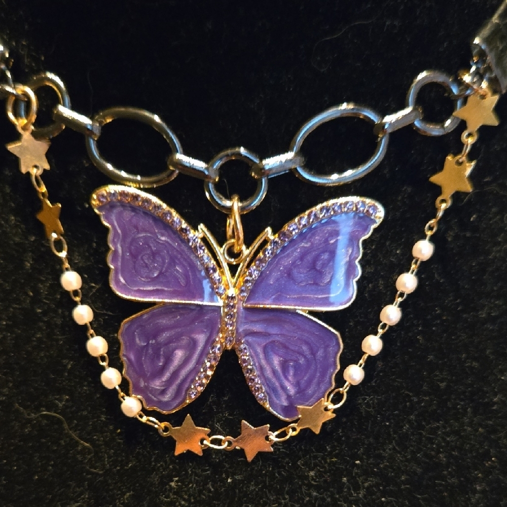 Hand Crafted Purple Butterfly Necklace with Gold Accents